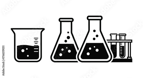 Scientific laboratory equipment including a beaker two erlenmeyer flasks and test tubes in a rack silhouette
