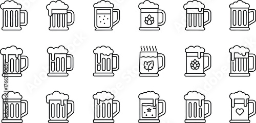 Collection of beer mug icons in outline style for web or print