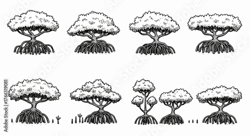 Mangrove trees with exposed roots in water