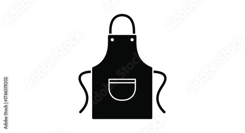 A simple black silhouette of a chef s apron with a front pocket and straps on a white background