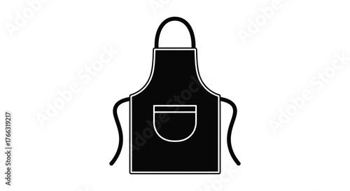 Simple black silhouette of a kitchen apron with a pocket and straps against a white background