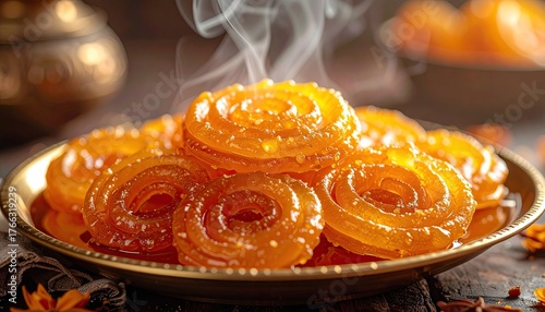 Golden Iranian Bamieh Fried Dough Sweets Glazed with Syrup Steaming in a Ceramic Bowl on a Decorative Table