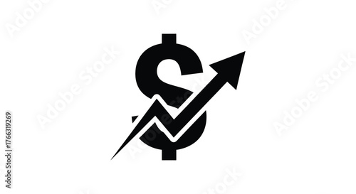 Black silhouette of a dollar sign with an upward trending arrow and jagged line symbolizing financial growth and success silhouette