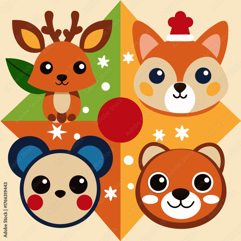 Fototapeta premium Cute cartoon animals deer fox bear mouse with christmas elements and geometric shapes