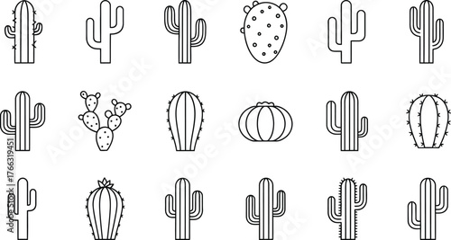 Collection of cactus plant outline vector illustration