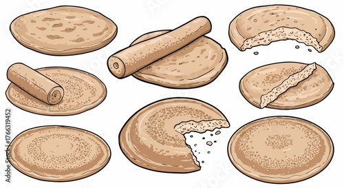 Roti bread with rolling pin and mallet