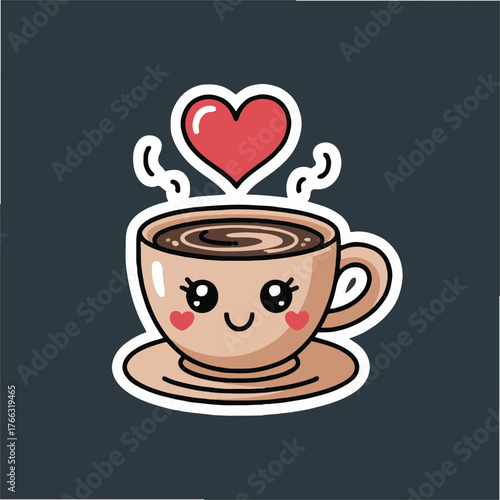 A cartoon coffee cup with a smiling face and a heart above it on a saucer against a dark background