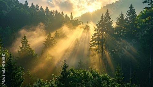 Sunbeams Filter Through Lush Green Forest Canopy In Early Morning Light Illuminating Misty Atmosphere
