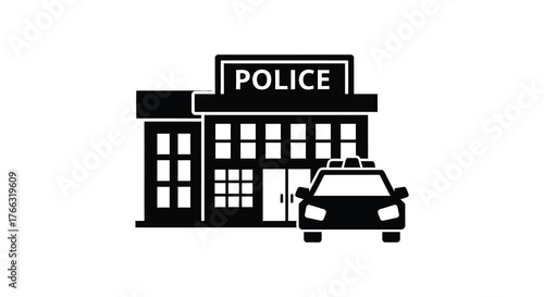 Simple black silhouette of a police station building with a police car parked in front on a white background silhouette
