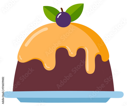 Delicious chocolate pudding with dripping caramel sauce and berry garnish illustration