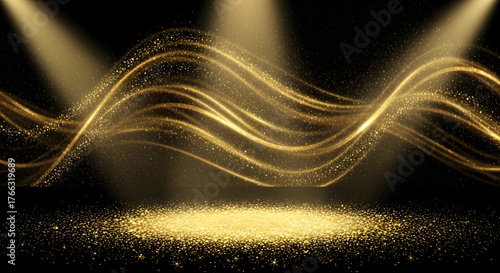 Dynamic golden light trails and glittering particles under spotlights on a dark background, perfect for luxurious events.