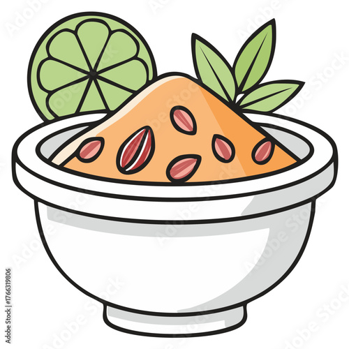 Cartoon illustration of a bowl of dip with lime slice and herb garnish