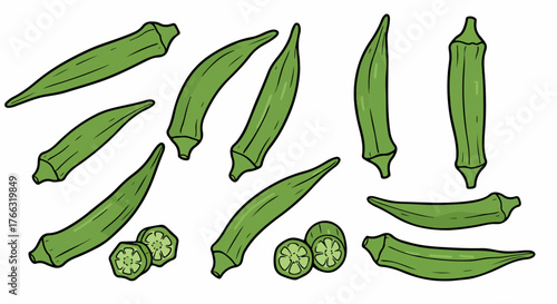Okra pods and slices with transparent background