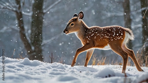 A playful Bambi Deer bounds through fresh snow