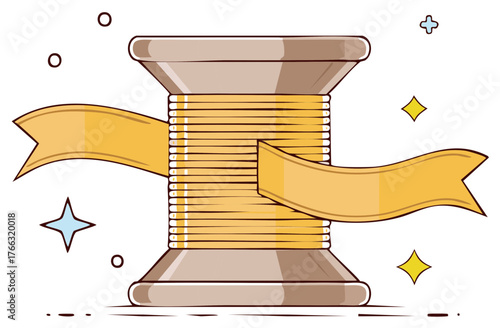 Cartoon spool of golden thread with a blank ribbon banner for text vector illustration