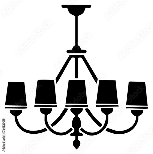 Elegant black chandelier silhouette with five shaded lights for interior lighting and design decoration purposes