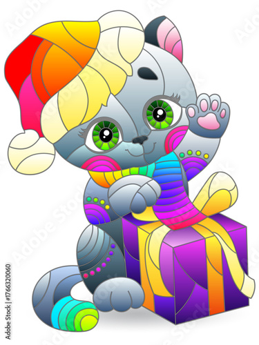 Set of stained glass illustrations with cute cats, Christmas theme