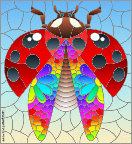 Stained glass illustration with an abstract bright ladybug on a blue background
