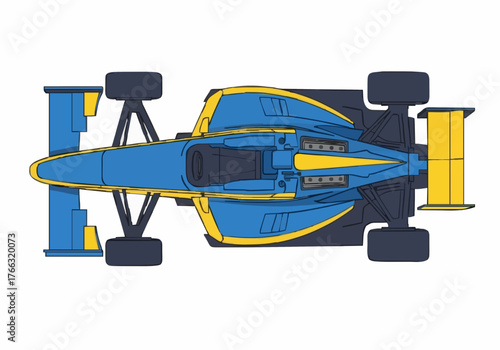 A vibrant blue and yellow Formula One race car speeds with aerodynamics and precision, captured in a high angle shot, illustrating speed and technological advancement.