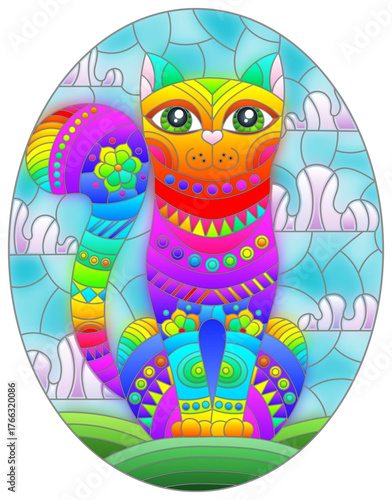 Illustration in stained glass style with abstract geometric cat and the sun on an abstract blue background
