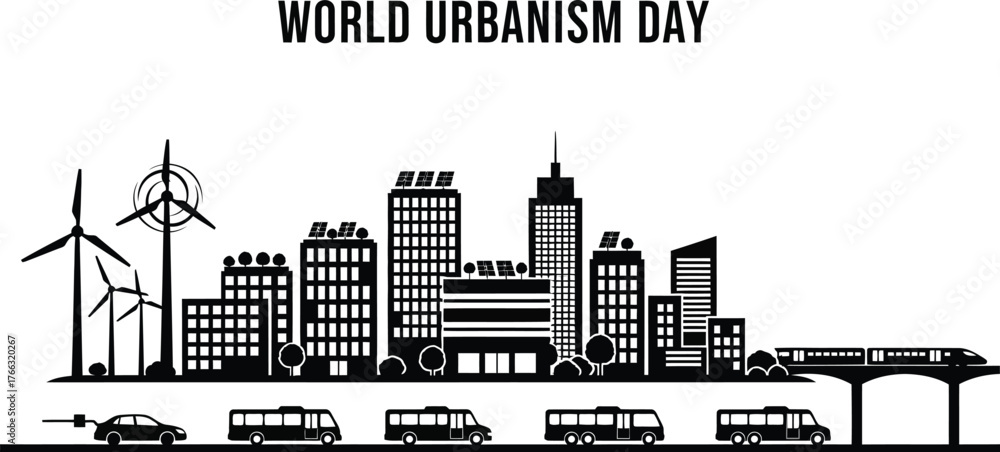 Obraz premium World Urbanism Day with city silhouette, wind turbines, cars, buses, and trains
