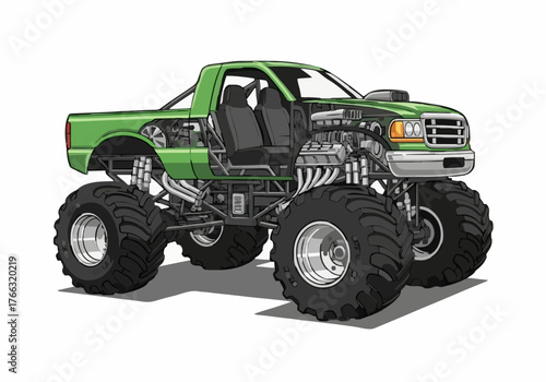 A vivid green monster truck with oversized tires showcases its powerful engine and mechanical components in a detailed illustration against a clean white background emphasizing strength