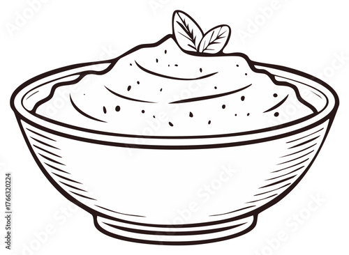 Hand-drawn outline of dip in bowl, decorated with fresh mint leaves; illustration of homemade food, cooking