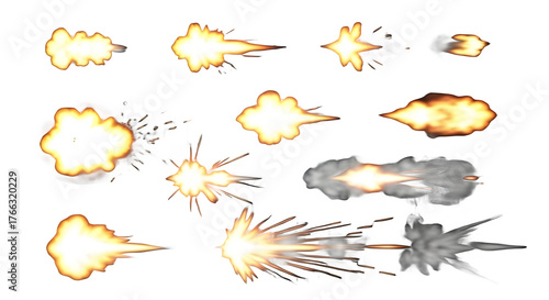 Action video game visual effects set of muzzle flashes, explosions, and gun fire bursts isolated