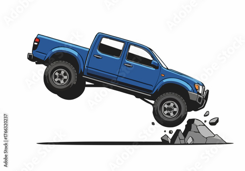A vibrant blue pickup truck is dramatically jumping over a pile of grey rocks, showcasing adventure and off road capability against a clean white background