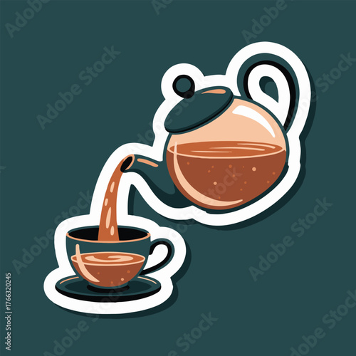 A sticker illustration of tea pouring from a teapot into a cup against a dark teal background