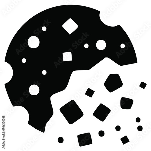 Bitten Chocolate Chip Cookie Silhouette with Crumbs - Black and White Vector Illustration