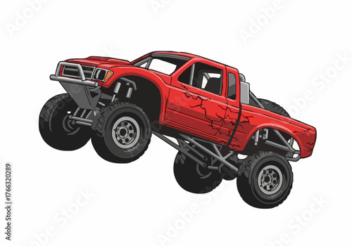 A dynamic red monster truck is soaring through the air at a low angle against a clean white background showcasing raw power and off road adventure illustration.
