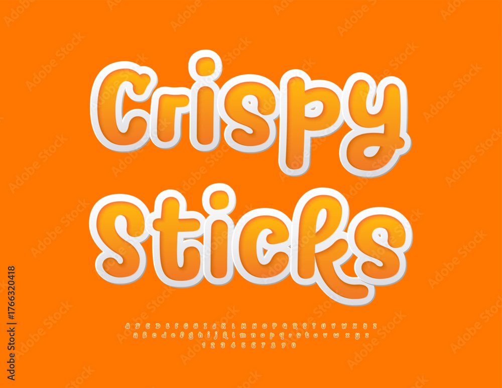 Obraz premium Vector Tasty logo Crispy Sticks. Funny Playful Font. Modern Sticker Alphabet Letters and Numbers set.