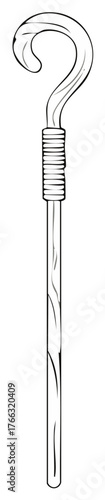Wooden walking stick with a curved top and decorative wrapping, an illustration or outline.
