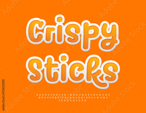Vector Tasty logo Crispy Sticks. Funny Playful Font. Modern Sticker Alphabet Letters and Numbers set.