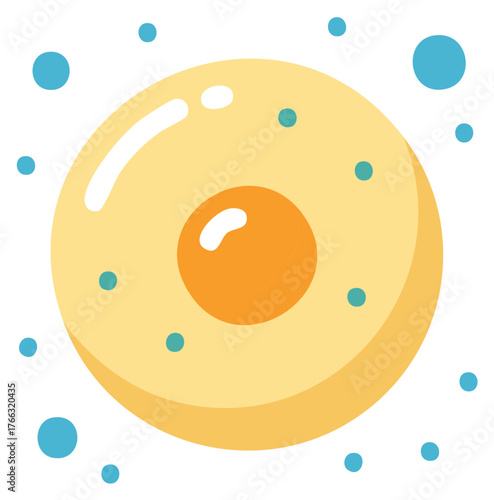 Stylized illustration of a fried egg with a bright yellow yolk and white surrounded by small blue dots resembling bubbles or seeds