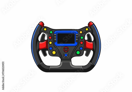Isolated race car steering wheel against a white background showcasing advanced technology and design, perfect for motorsports enthusiasts and sim racing technology concepts.