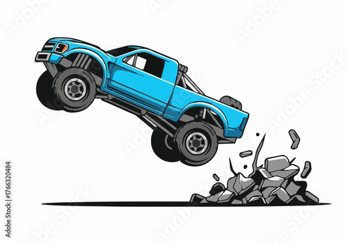 A dynamic illustration shows a blue monster truck soaring high above a pile of rocks in a bold cartoon style conveying power and off road adventure.