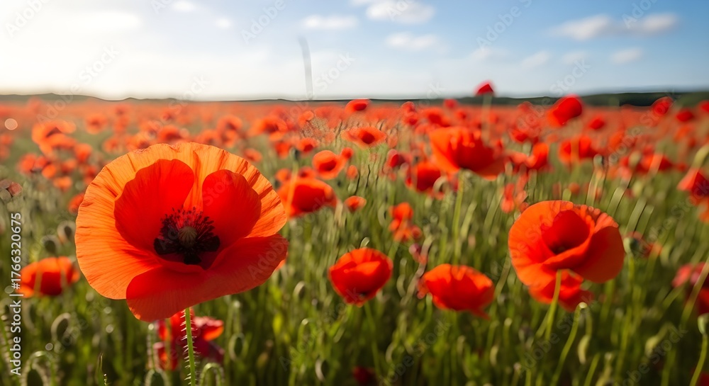 Fototapeta premium Beautiful Field of Red Poppy Flowers Blooming Under a Blue Sky on a Sunny Day Vibrant Spring Landscape Photography