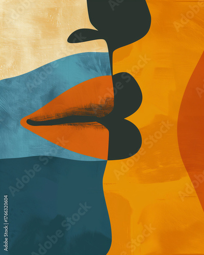 A painting of a woman's face with a red lip