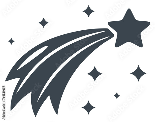 Stylized shooting star icon with a graceful comet tail and scattered twinkling elements graphic