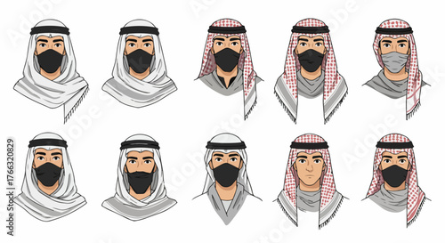 Arab men wearing face masks and traditional headwear