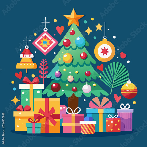 Festive christmas tree decorated with ornaments and surrounded by colorful gift boxes