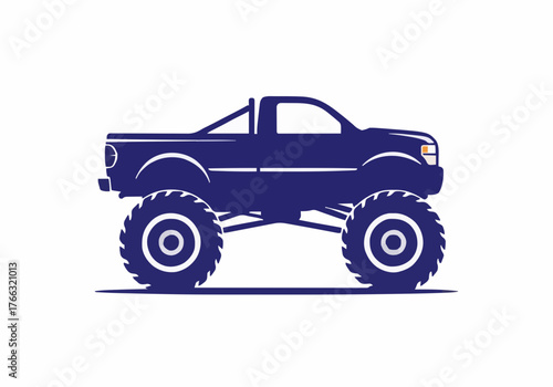 Stylized vector illustration of a powerful blue monster truck with massive tires dominating a stark white background offering a clean modern vehicle design