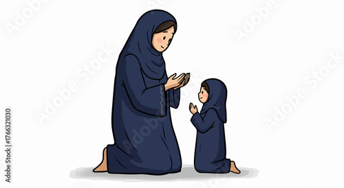 Muslim mother and child praying kneeling