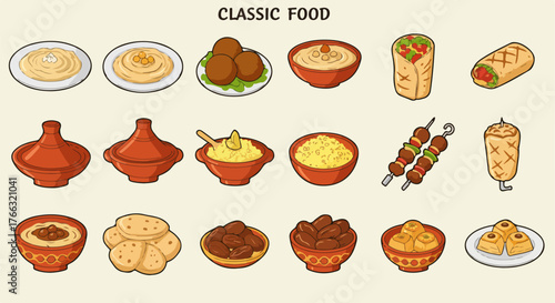 Middle Eastern food collection with classic dishes