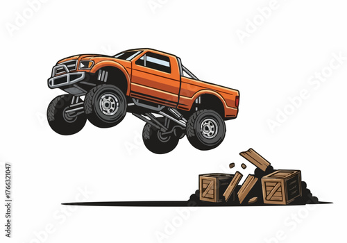 Dynamic orange monster truck is powerfully jumping over a pile of broken wooden crates in an exciting outdoor scene with a bold, cartoon style illustration