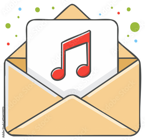 Cartoon Musical Note in Open Envelope Message Notification Delivery