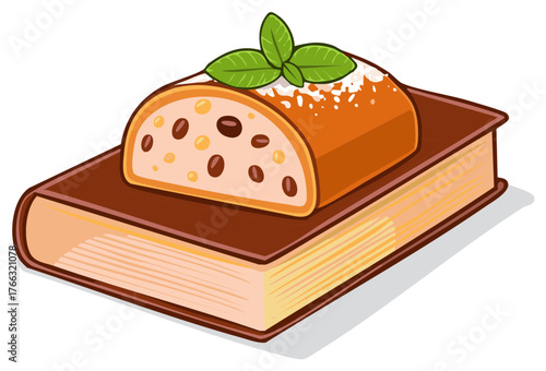 Sweet bread loaf with raisins and mint leaves on a classic book illustration