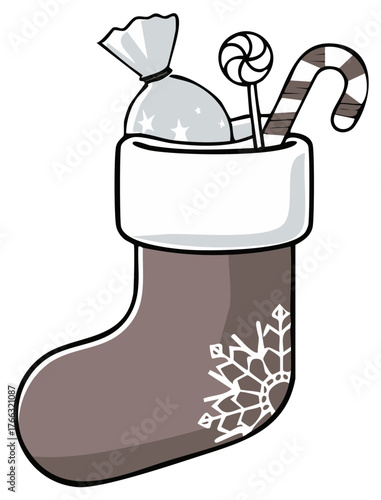 Festive Christmas stocking full of sweets and snowflake holiday decoration